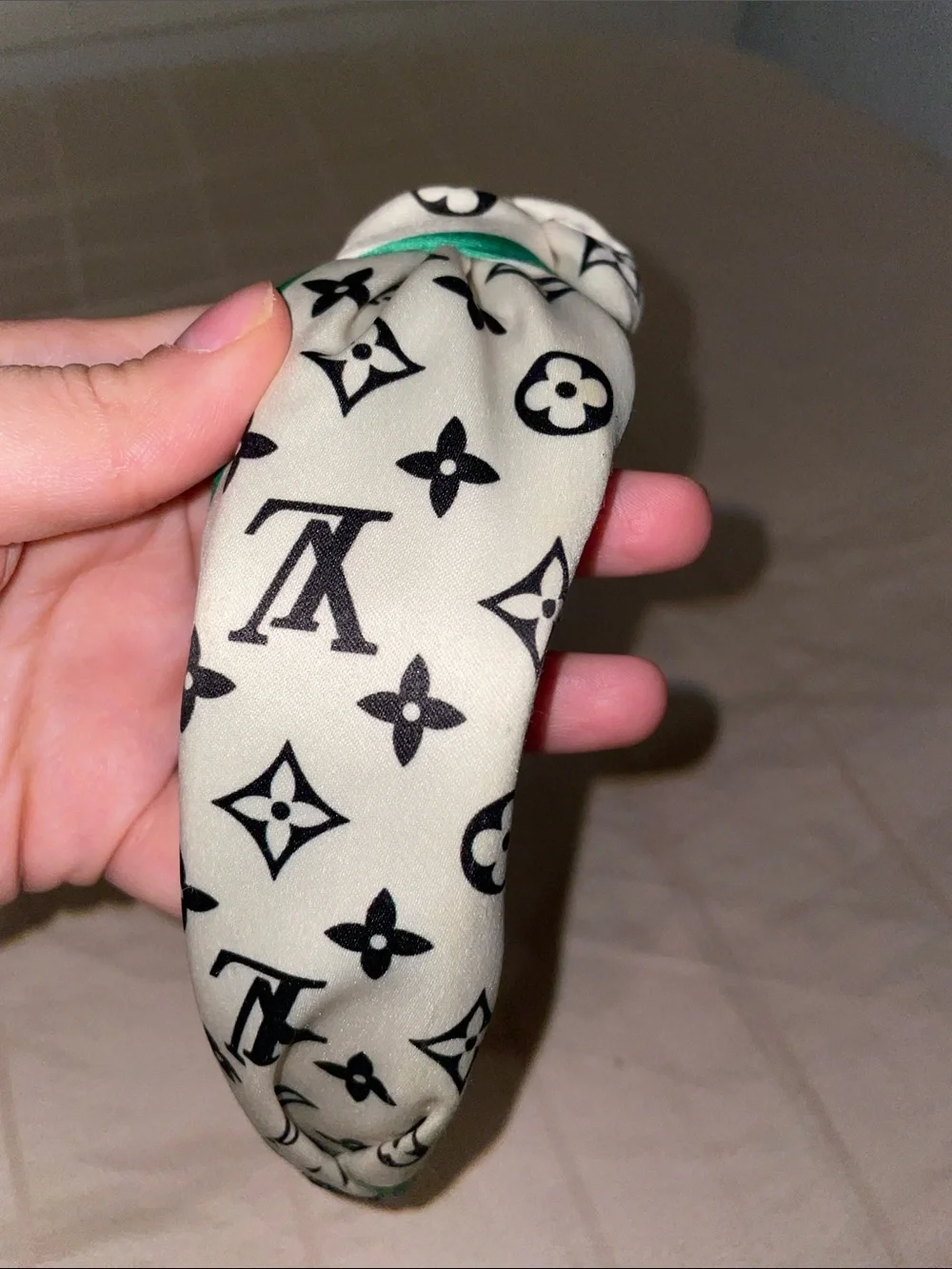 Designer-Style White and Green Patterned Knotted Headband